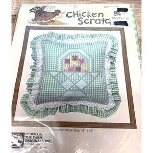 Vintage Chicken Scratch Embroidery Pillow Kit Green Gingham 14x14